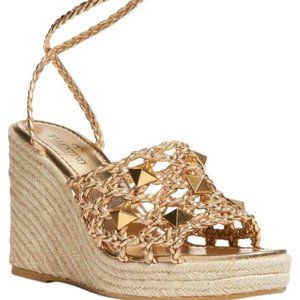 Valentino Gold Roman Rockstud Stud Macrome Leather Espadrille Lace Up Sandal